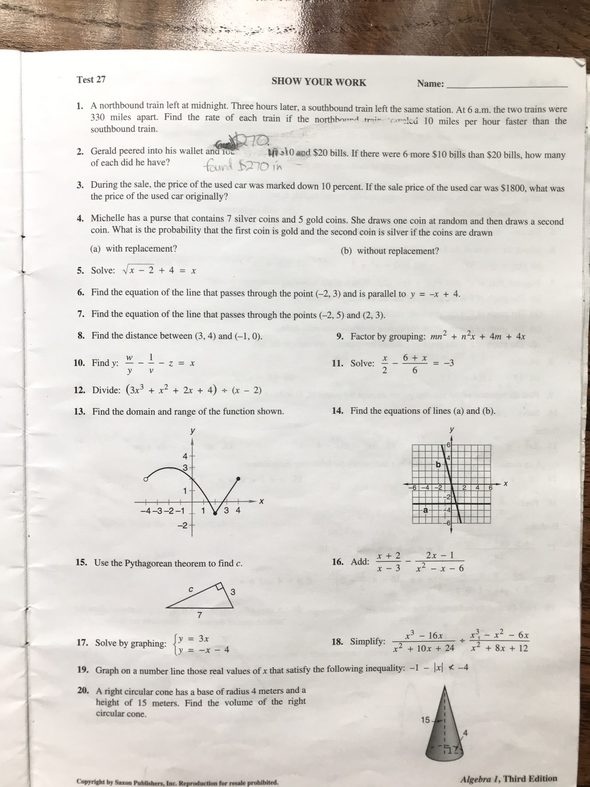 ripped Saxon Algebra 1 test book