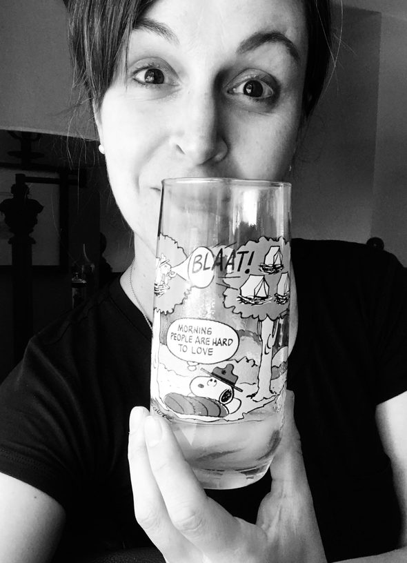 Kristen and a Snoopy glass