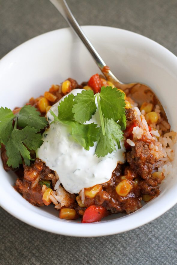 chili over rice with sour cream