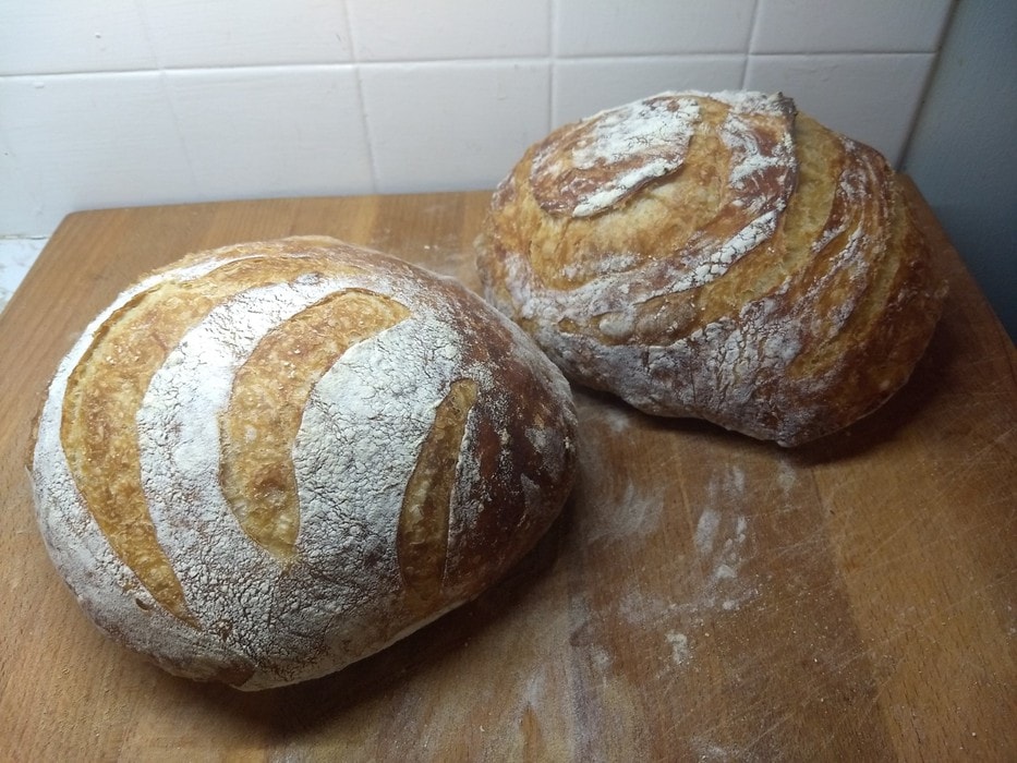 two loaves of fresh-baked bread.