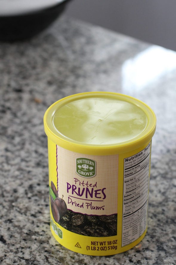 Aldi prune container on the countertop.