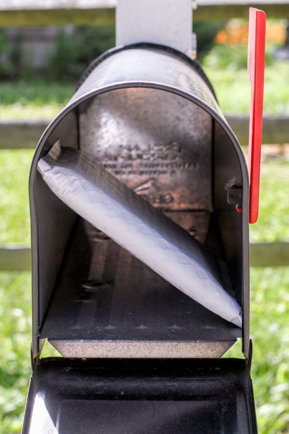 A white package in a mailbox with the flag up.