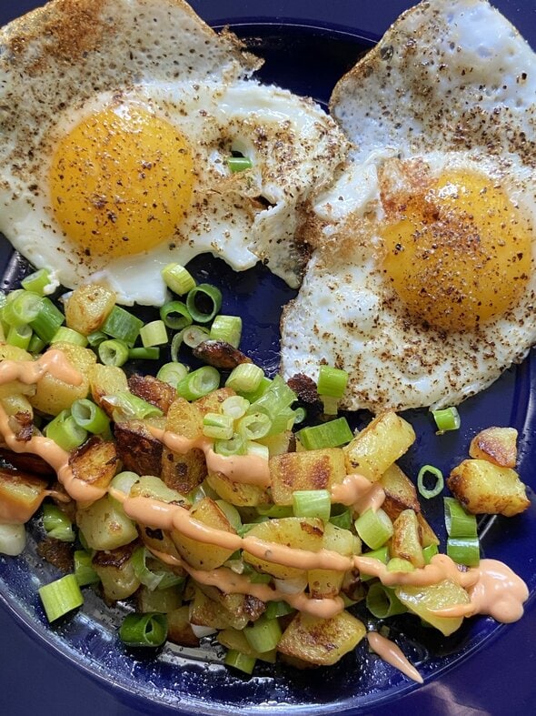 breakfast potatoes and eggs.