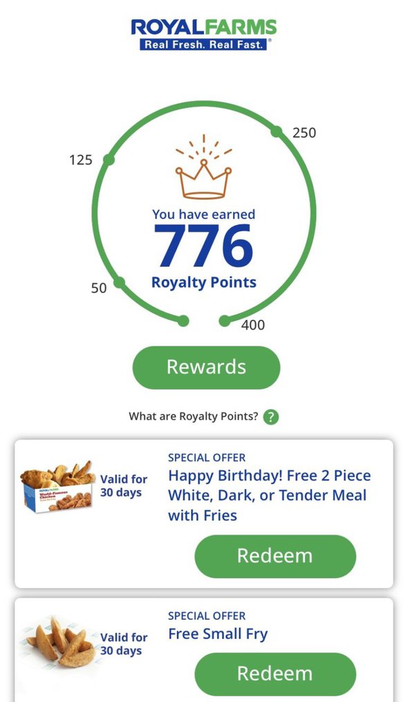 screenshot of royal farms rewards.