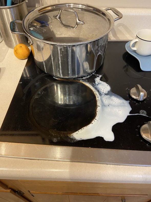 boiled-over milk.