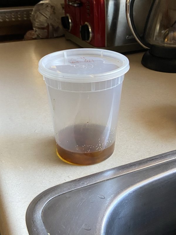 oil in takeout container.