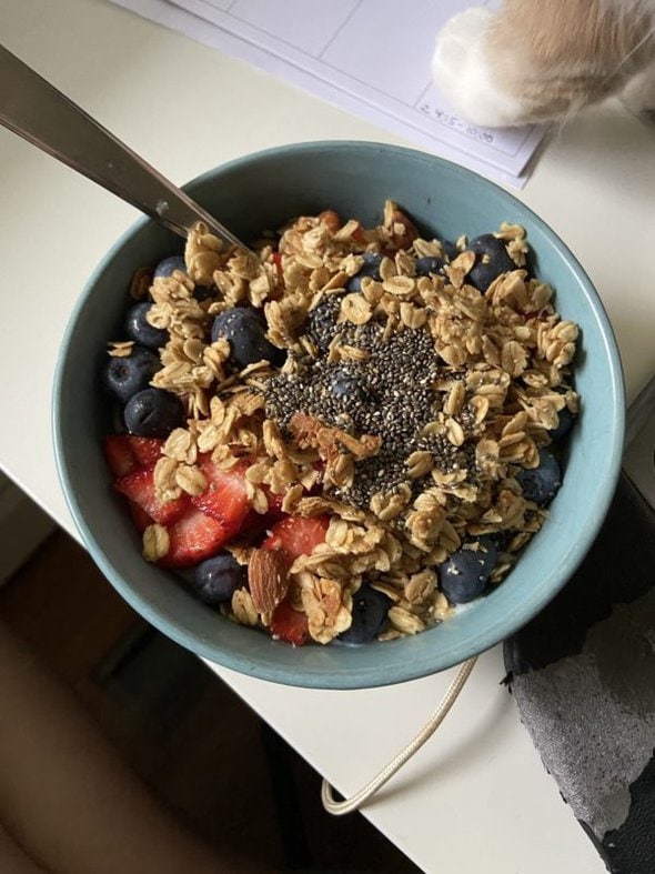 bowl of granola and berries.