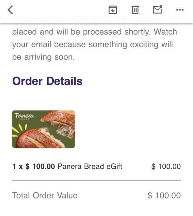 screenshot of panera gift card order.