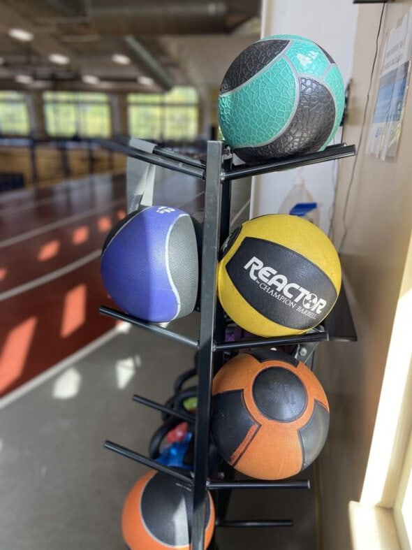 a stack of workout balls.