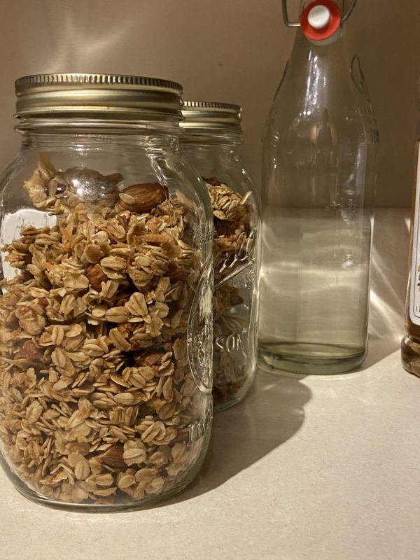 granola in glass jars.