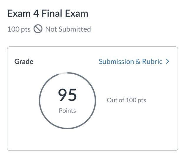 screenshot of exam grade.