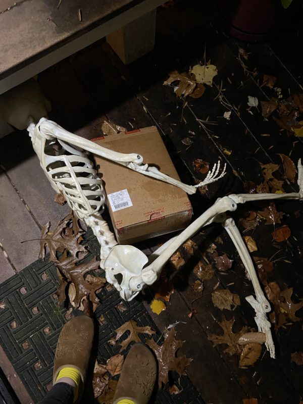 skeleton holding a box.