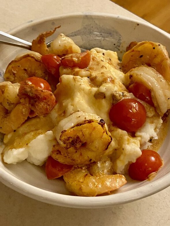 mashed potatoes with shrimp.