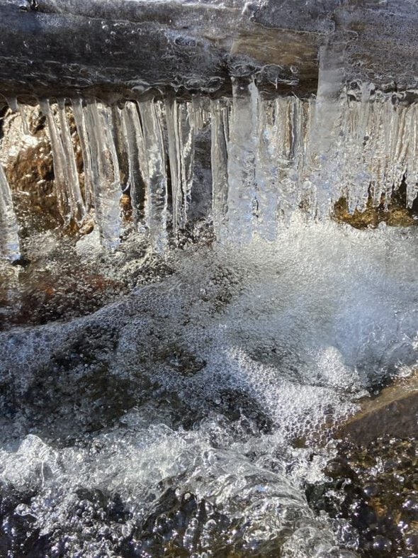 icicles over a creek.